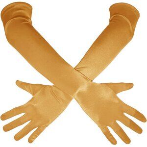 Women's Gold Shiny Satin Long Gloves Elbow Length Wedding Dancing Party Tea